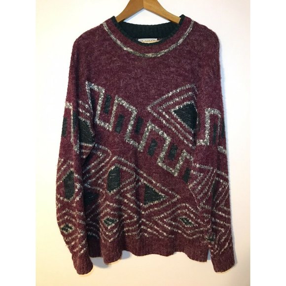 Vintage LE TIGRE Men s XL Burgundy Abstract Art Pattern Sweater Made In USA Sweaters